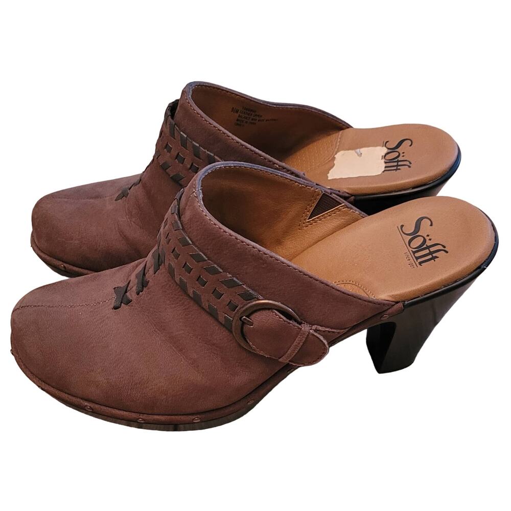 Sofft Brown Suede Mules Sz 9.5 Buckle Accent Bohemian